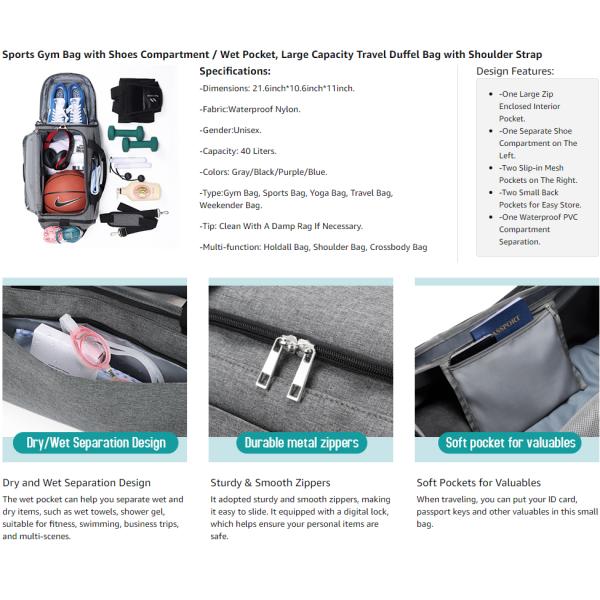 Week-end de gymnastique sac à dos de voyage surdimensionné avec sac à chaussures poche humide