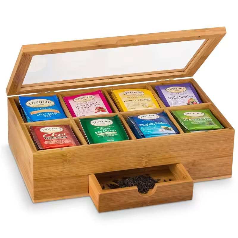 Dust Proof Acrylic Lid Bamboo Tea Bag Storage Box With Drawer Shelf for Kitchen Counter