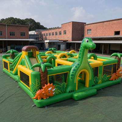 Commercial Dinosaur Exploration Inflatable Maze with Jungle Obstacles Multiple Entrances and Safety Walls