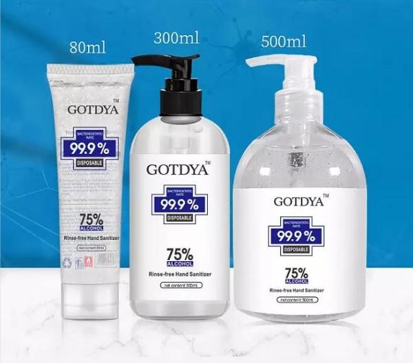 8000pcs in stock , GOTDYA  antibacterial 80ml 300ml 500ml gel 75% alcohol rinse-free hand sanitizer dispenser