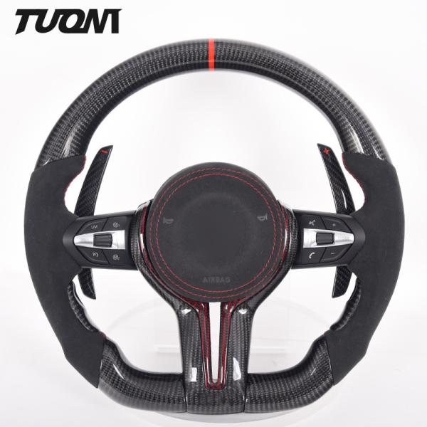 Red Stripes Black Alcantara Bmw Carbon Fiber Steering Wheel Plain Weave With Paddles