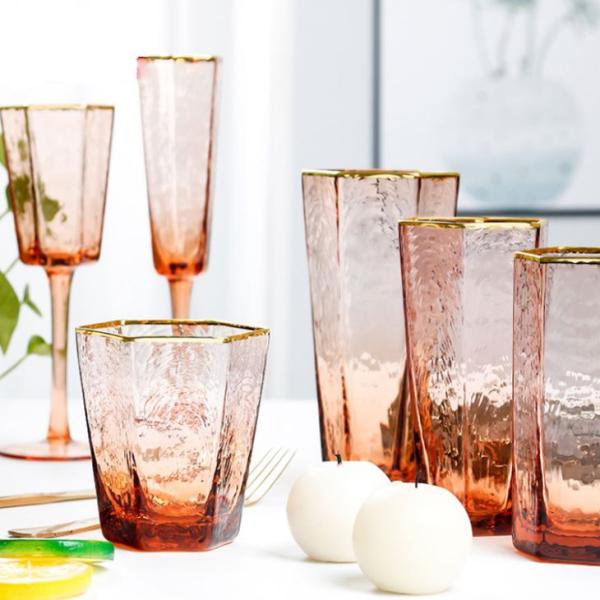 Gold Rim Pink Water Goblets Handmade Wedding Champagne Glasses