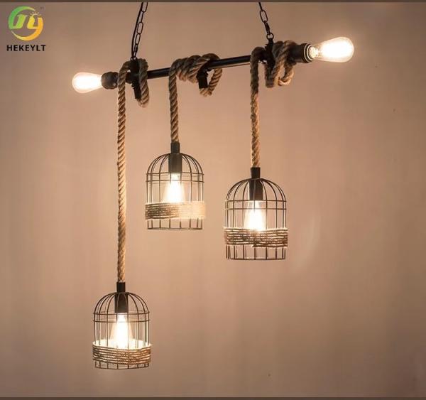 Vintage Metal Cage Glass Crystal Chandelier Hemp Rope Bulb Light