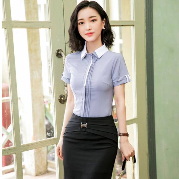 Short Sleeve Ladies Office Dresses / Summer Elegant Waist Tie Round Collar Women Business Dress
