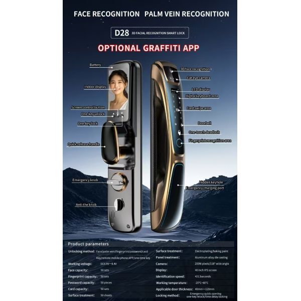 Factory Selling Durable Anti-Theft Smart Fingerprint & WiFi 3D Face Recognition Door Lock with Key