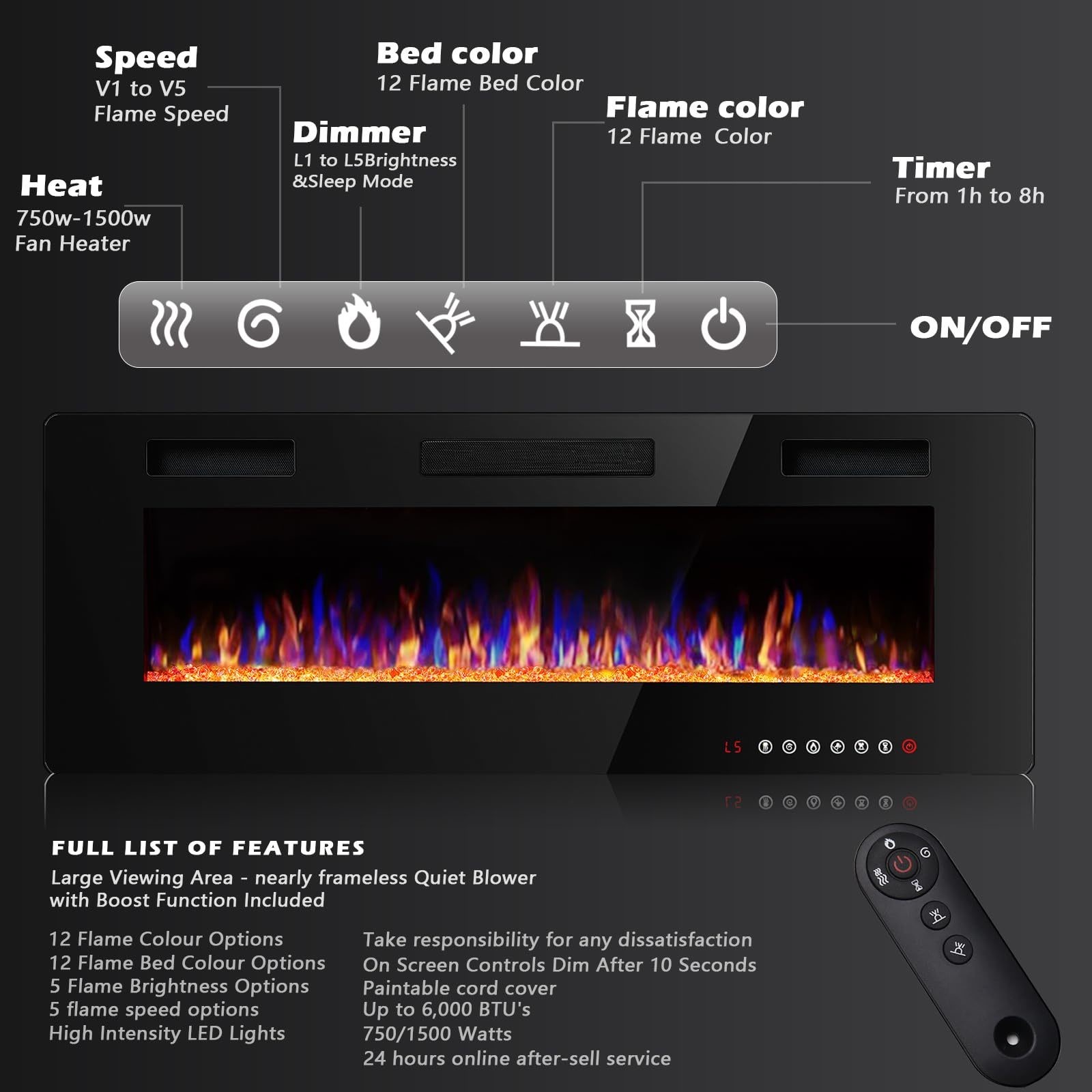 Wall Mounted Electric Fireplace 12 Flame Color Options and Remote Control Included