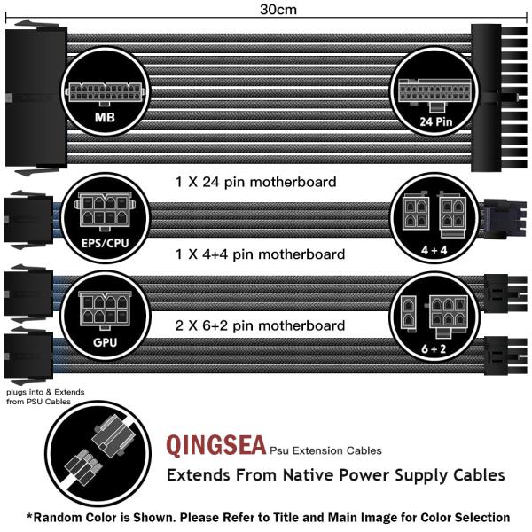 Hot Selling Arc Cable Cotton Sleeved Computer PC ATX Used Male to Female Stripped Curved Extension Cord 18AWG 300mm