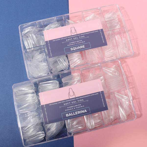 DIY Nail Art 500pcs Box 10 Sizes Clear Almond Soft Gel Full Cover False Nail Tips for Nails Extension MSDS Certified