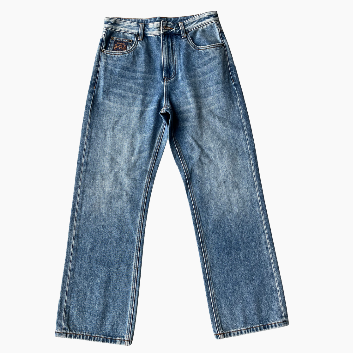 Medium Blue Men's Jeans Faded Loose Wide Leg Jeans Horizontal