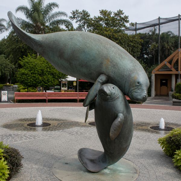 Large Bronze Manatee Mother and Baby Sculpture Marine Animal Coastal Garden