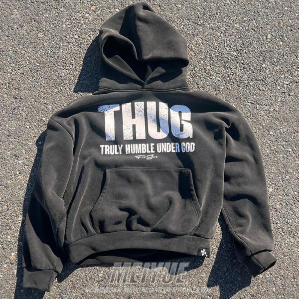 Hombres Camiseta con capucha de gran tamaño de pantalla negra 380 gramos a 500 Gsm