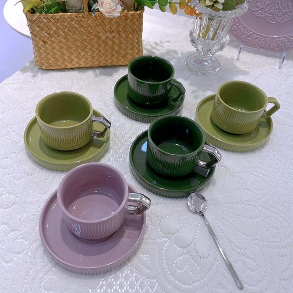 Керамическая серебряная чашка и тарелка для современного скандинавского кофе