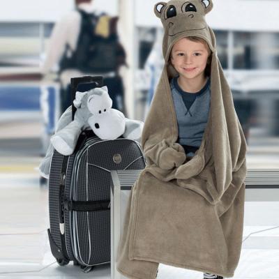 Grey Flannel Hoodie Blanket Microfiber Hippo Cartoon Throw Blanket