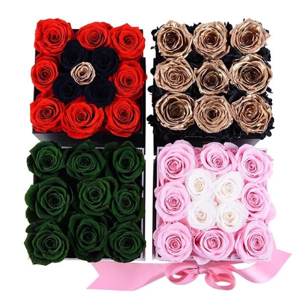 Wholesale Business Preserved eternal roses Square Boxes 9pcs Roses Inside Black Boxes Flower
