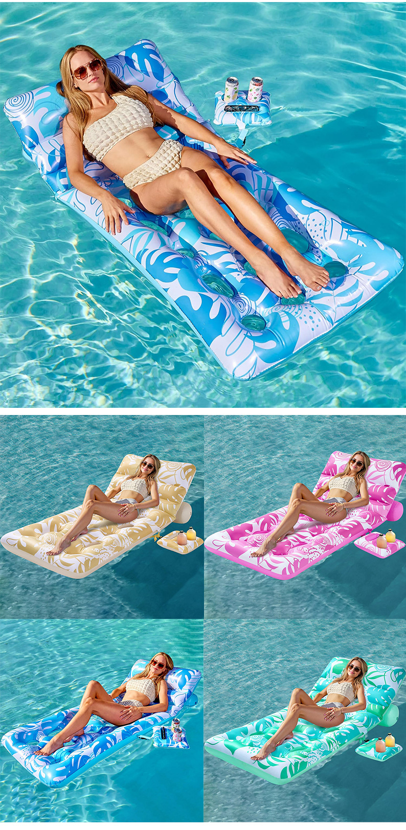 Cross-border PVC Inflatable Raft Cup Holder Backrest Hollow-Design Floating Bed Tropical Leaf Patterned Beach Water Mattress