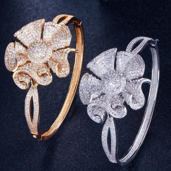 Flower Cubic Zirconia Bangle CZ Zircon Crystal Flower Bracelets for Women Wedding Bridal Bracelets Jewelry