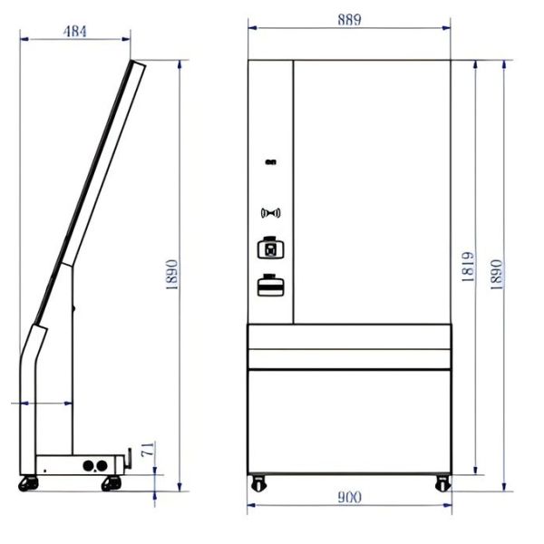 A 55-inch Transparent OLED Interactive Kiosk with 45% light transmittance and integrated touch functionality, supporting card swiping, queuing, and printing.