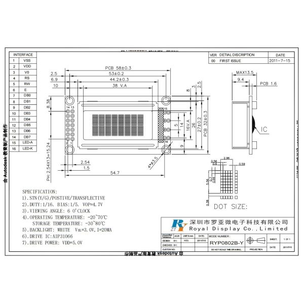 Character LCD Module with STN Transflective Display and 8 by 2 Character Format Using ST7066U Controller and Yellow Green Backlight