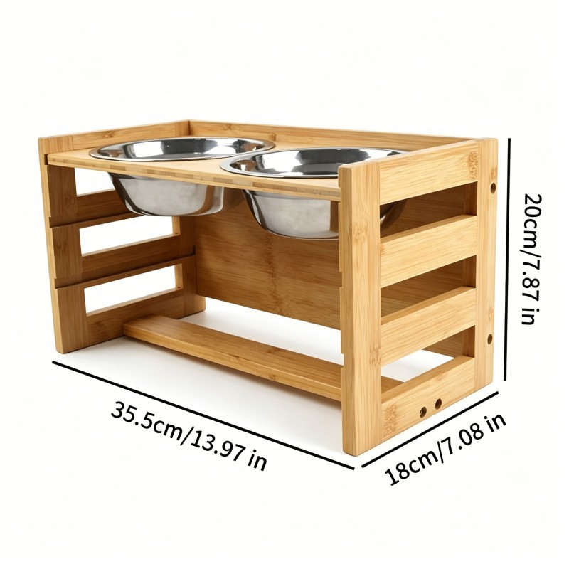 Height Adjustable Bamboo Elevated Dog Bowls Raised Pet Feeder Stand