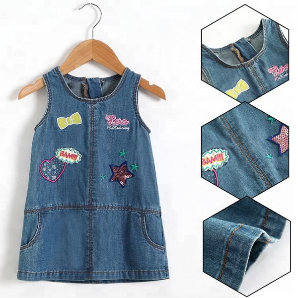 Summer Casual Baby Girl Denim Dress No Sleeves With Embroidery Sequin Patch