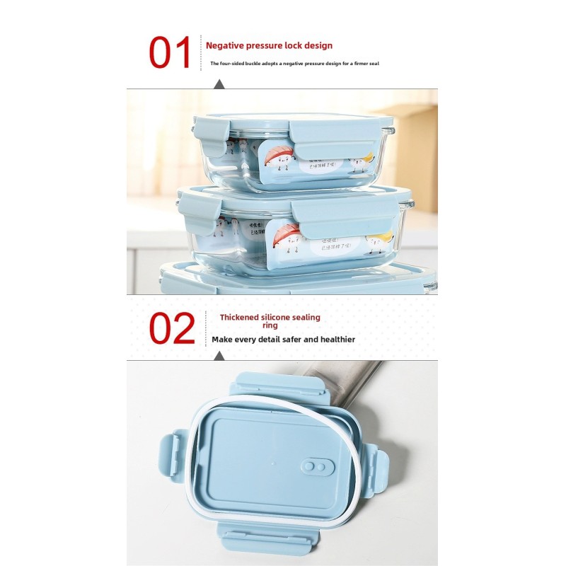Microwaveable Transparent Glass Crisper Lunch Box Seal Proof Food Container with Plastic Lid for Office Workers