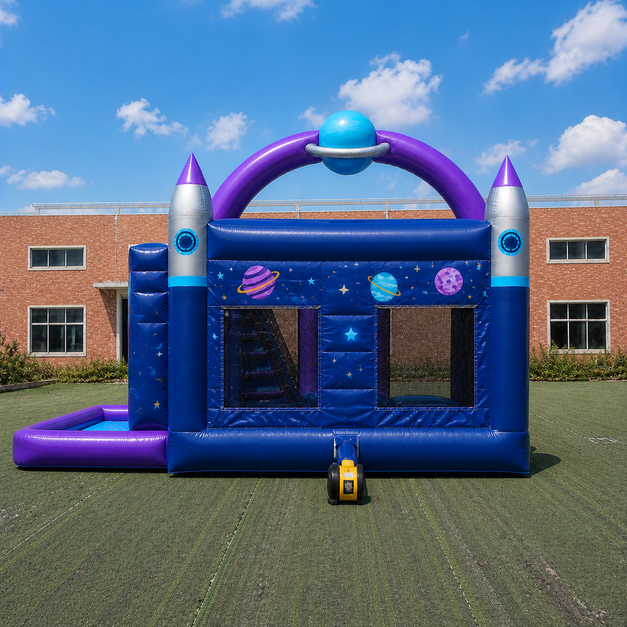 Commercial Space Explorer Inflatable Trampoline and Slide Combo with Safety Mesh Internal Climbing Steps and Shallow Landing Pool