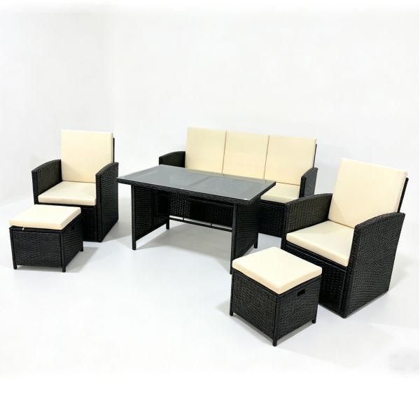 Outdoor Garden and Patio Furniture Set Dining Table and Chairs Rattan  2 Seat and Single Armchair 2 Pieces Stool 1 Piece Table