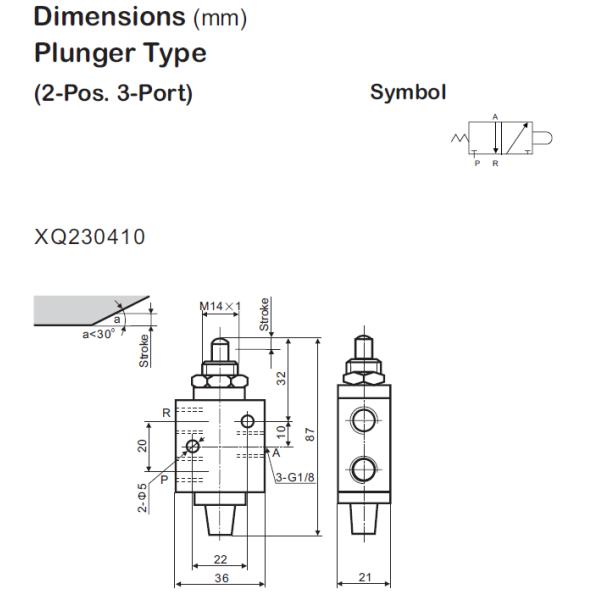 Plunger Type Mechanical Pneumatic Manual Valve 3/2 Way 1 / 8