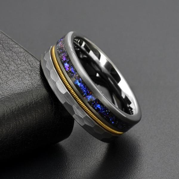 8mm Fashion Men's Guitar String Silver Tungsten Ring with Blue Sandstone Inlay Third Party Appraisal Diamond Shape Other