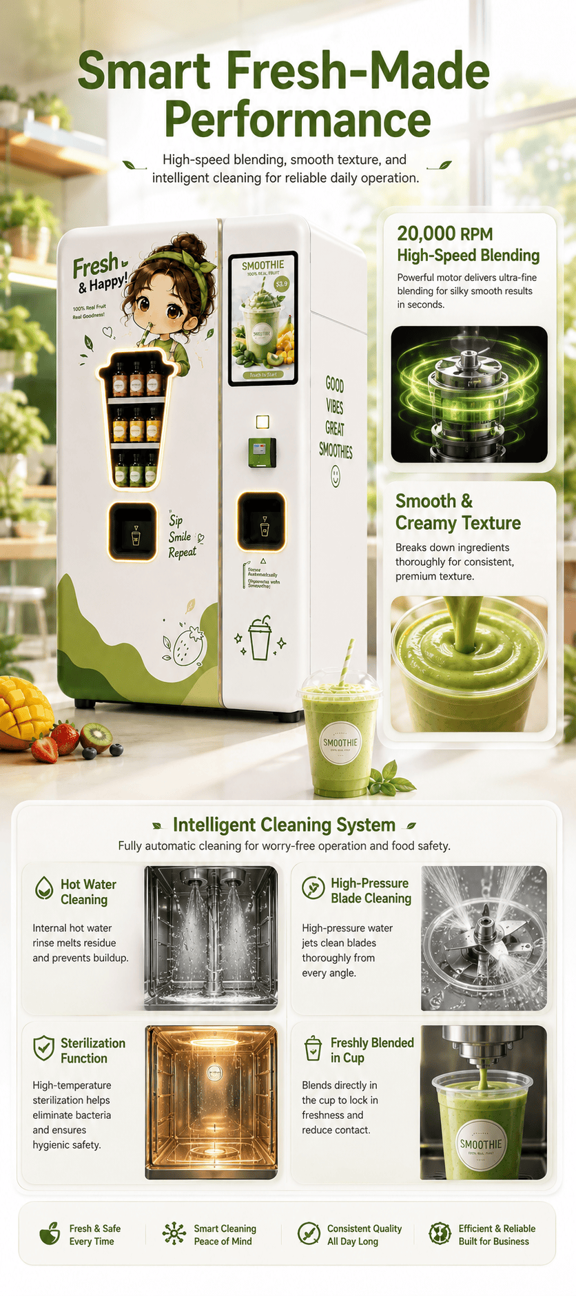 Small Fresh Smoothie Vending Machine with Automatic Blender, Smart Payment System, 21.5-Inch Touchscreen, Self-Cleaning Function for Healthy Beverage Retail Business