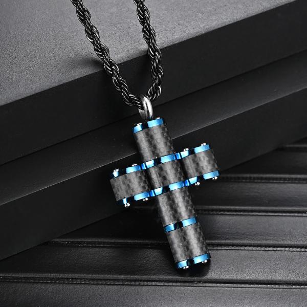 Christian Religious Custom LOGO Pendant Stainless Steel Gold Plated Cross Necklace with Carbon Fiber Inlay and Blue Plating