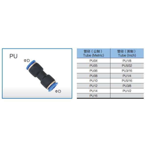 PU Two Way Straight Equal Socket Pneumatic Tube Fitting Black Colour