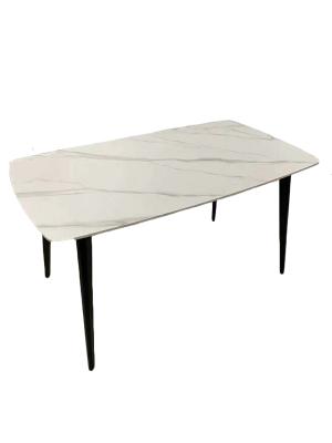 White Marble Dining Table With Angled And Black Powder Coated Steel Legs
