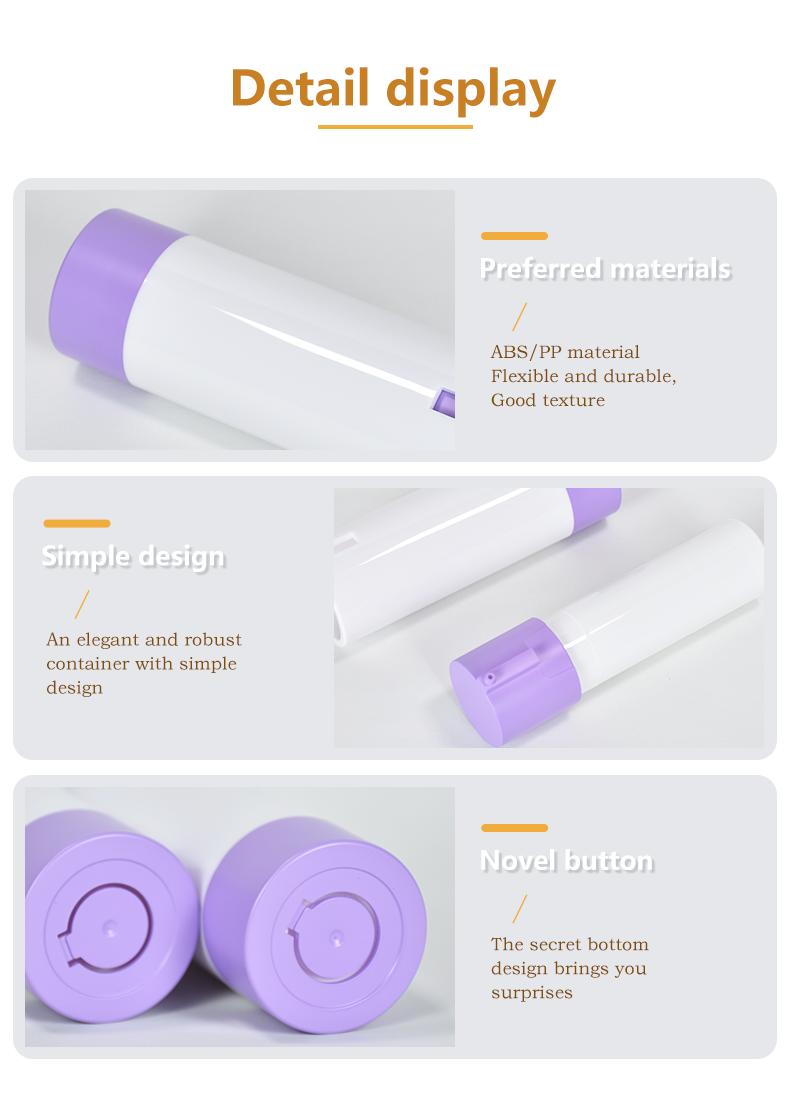Recyclable Private Label 15ml 30ml 50ml  Round Shape Custom Pink Purple Color Airless ABS Lotion Bottle for Skincare Packaging