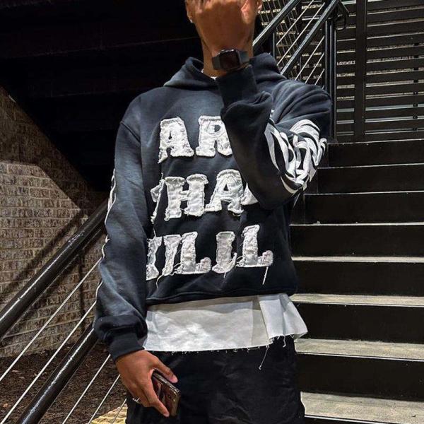 Vintage Sol desbotado Acid Wash Distressed Patch Aplique bordado cortado capuz camisola masculina