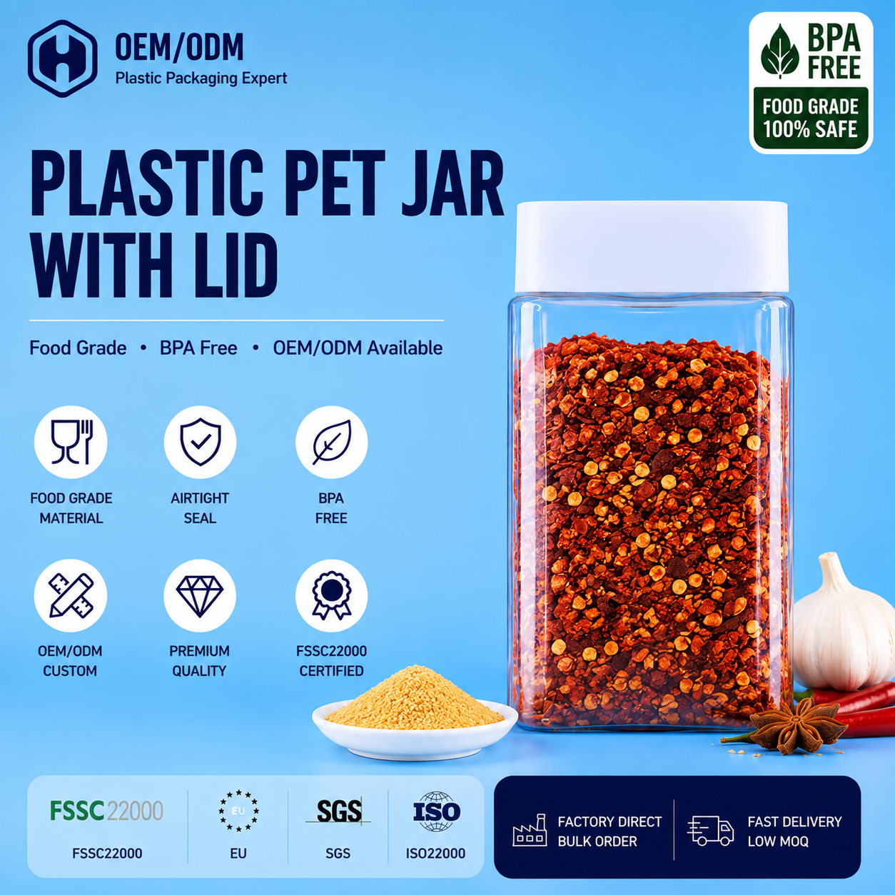 Premium Clear Square Plastic Jars For Black Pepper Sea Salt Chili Flakes Spice Packaging