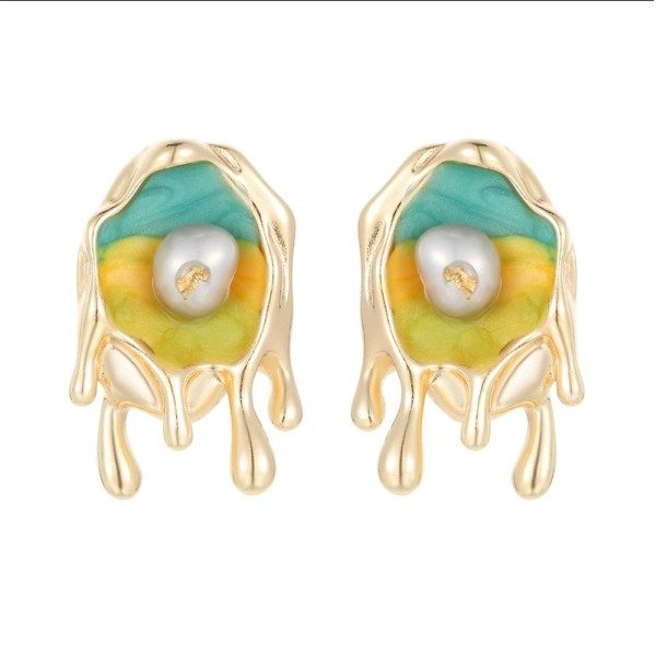 Fashion 14K Plate Gold French Retro Baroque Natural Pearl Earrings Enamel Monet Garden Style Studs Jewelry Gift
