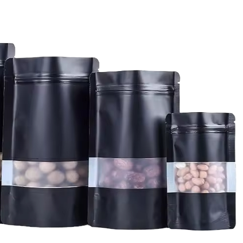 Wholesale Custom Print Matte Window Zipper Stand Pouch Black Resealable Zip Lock Bag Aluminum Foil Bags