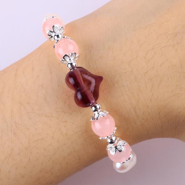 8MM Pink Freshwater Pearl Stretch Bracelet Heart Crystal Carving