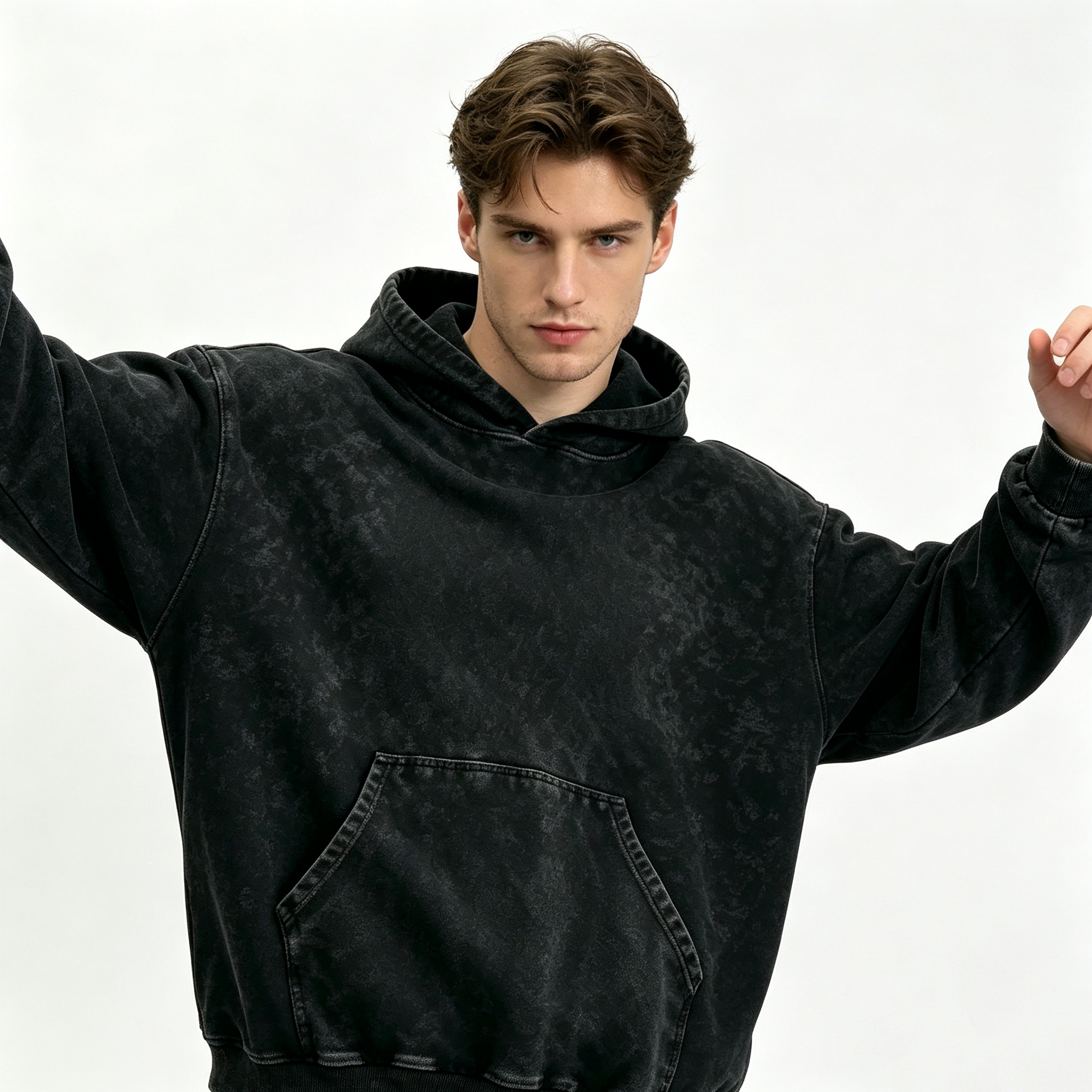 Oversized Stone Wash Hoodies Long Sleeve Snow Wash Hoodie Black