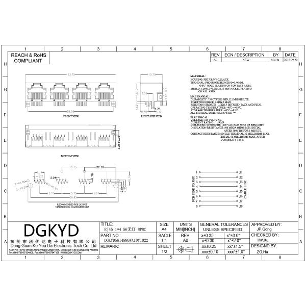 Разъем-розетка DGKYD561488GWA1DY1022 локальных сетей RJ45 PCB Джек Connecte Cat6 интерфейса панели RJ 45