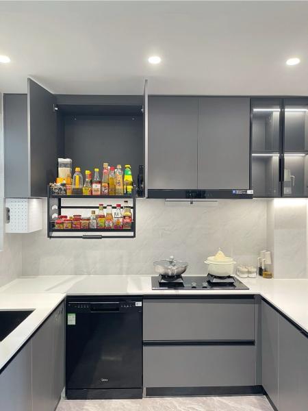 Wood Grain Laminate And White Finish Color Mixed Kitchen Cabinet