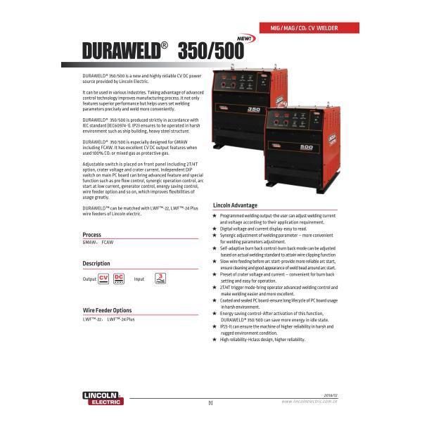 GMAW/FCAW welding machine; Heavy duty MIG/MAG Lincoln welding Machine; Rectifier TIG Welding Machine DURAWELD 350