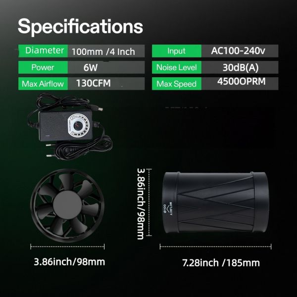 100mm Inline Booster Duct Fan Speed Adjustable Ventilation Exhaust Pipe Fan for Grow Tent, Kitchen Heating Cooling