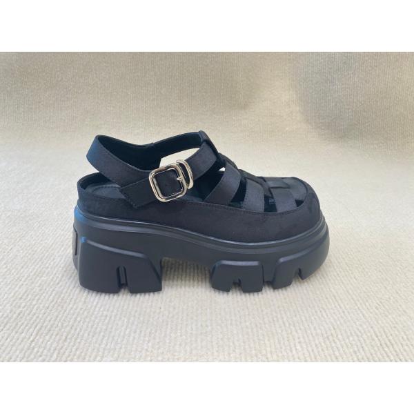 Genuine Leather Womens Black Platform Sandals Heightening