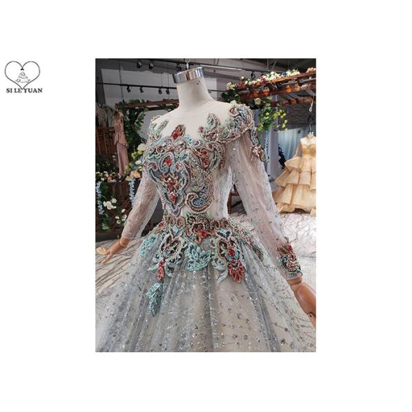 Colorful Lace Tailor Made Prom Dresses , Long Sleeve Beaded Prom Dress Big Tail