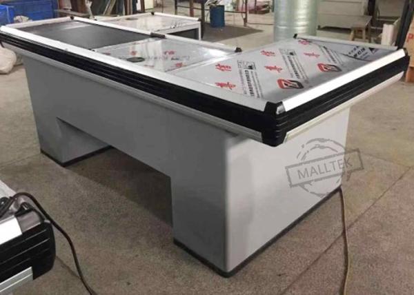 White Electric Checkout Counter Stainless Steel With Electric Conveyor Belt