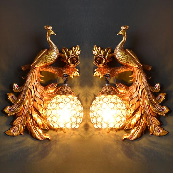 Vintage Creative Art Deco Peacock Resin Wall Lamp Gold Vanity Luxury Bedroom Wall Light（WH-VR-62）