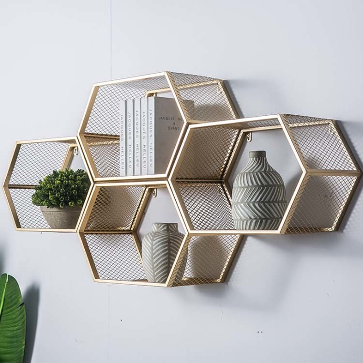 Contemporary Design Style Metal Hexagon Wall Shelf for Wall Mount Storage