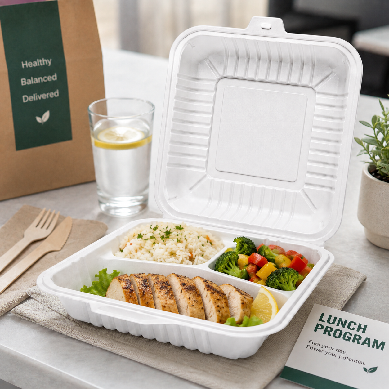 LB-93 PP Clamshell Take Out Box Three Compartment White for Combo Meals